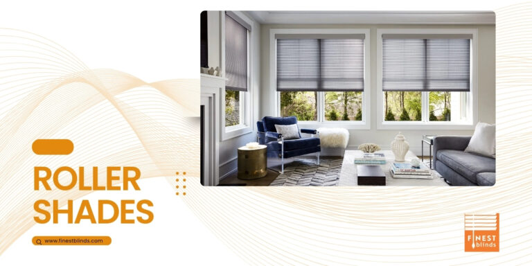 A modern living room showcasing sleek roller shades in a soft gray tone, perfectly blending style and functionality. The space features a cozy blue armchair, a gold side table, and a contemporary gray sofa, framed by natural light filtering through the windows. The design is complemented by "Roller Shades" text and the Finest Blinds logo in the bottom corner.